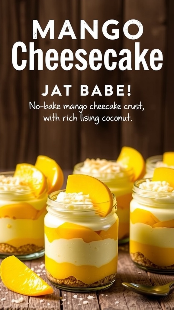 Refreshing No-Bake Mango Cheesecake Jars No-bake mango cheesecake jars with coconut crust, garnished with fresh mango and toasted coconut, on a rustic table.